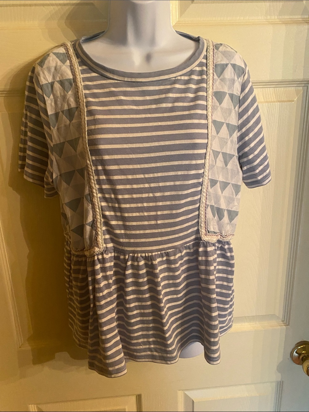 Striped Peplum Tee with Geometric Sleeve Panels - Light  Blue & White